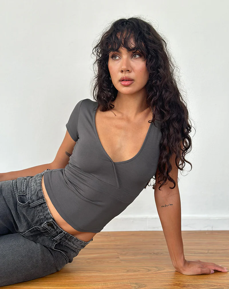 Machiko Plunge Wrap Top in Charcoal Grey