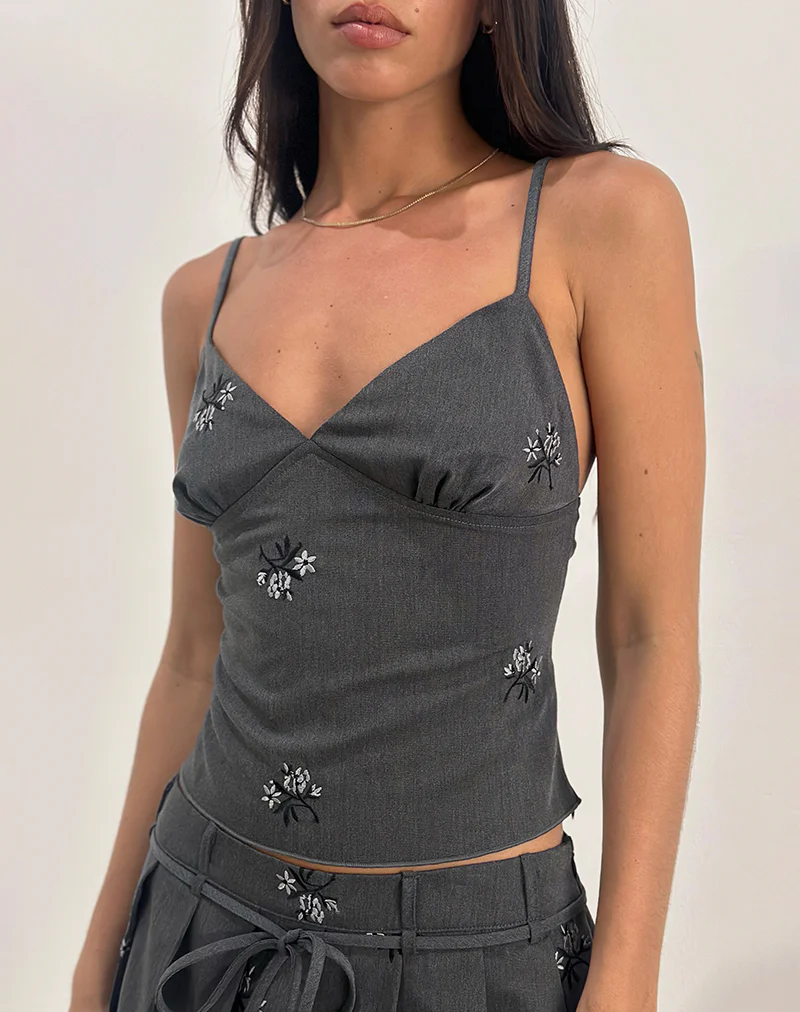 Madira Top in Floral Embroidery Tailoring Charcoal - Image 3