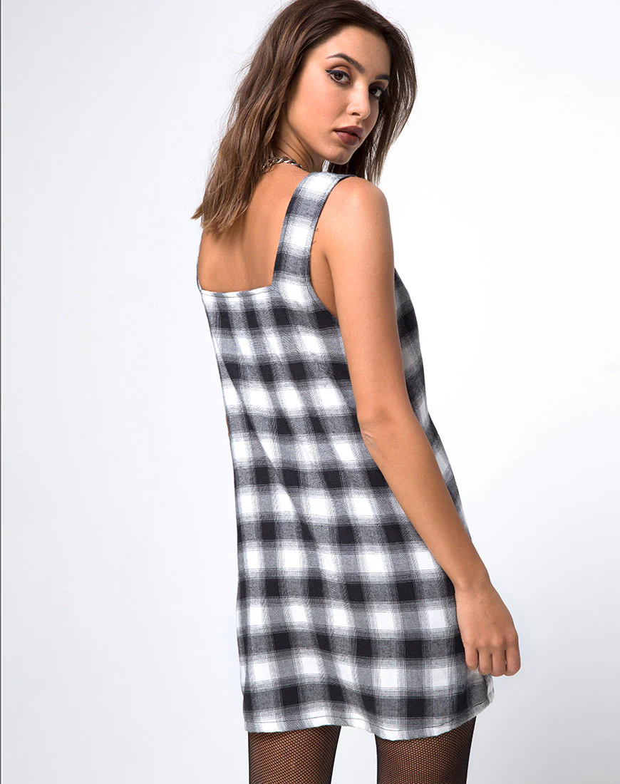 Madison Pinafore Dress in Plaid Black and White - Image 2