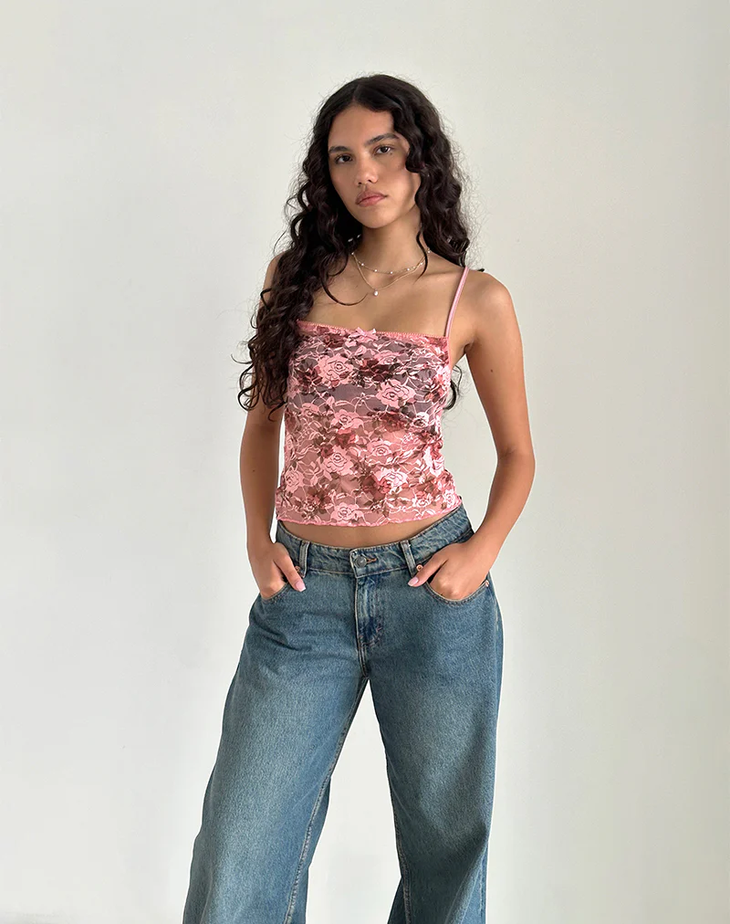Magita Top in Pink Lace Floral Bloom - Image 2