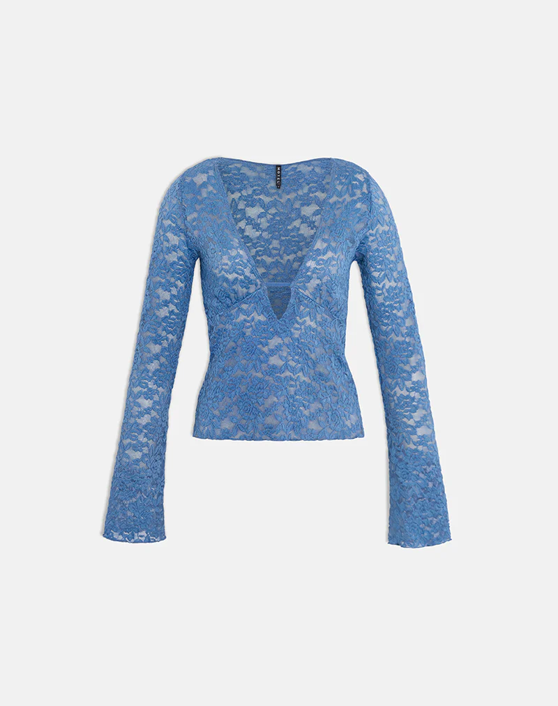 Mahota Deep Plunge Long Sleeve Top in Dark Blue Lace - Image 4