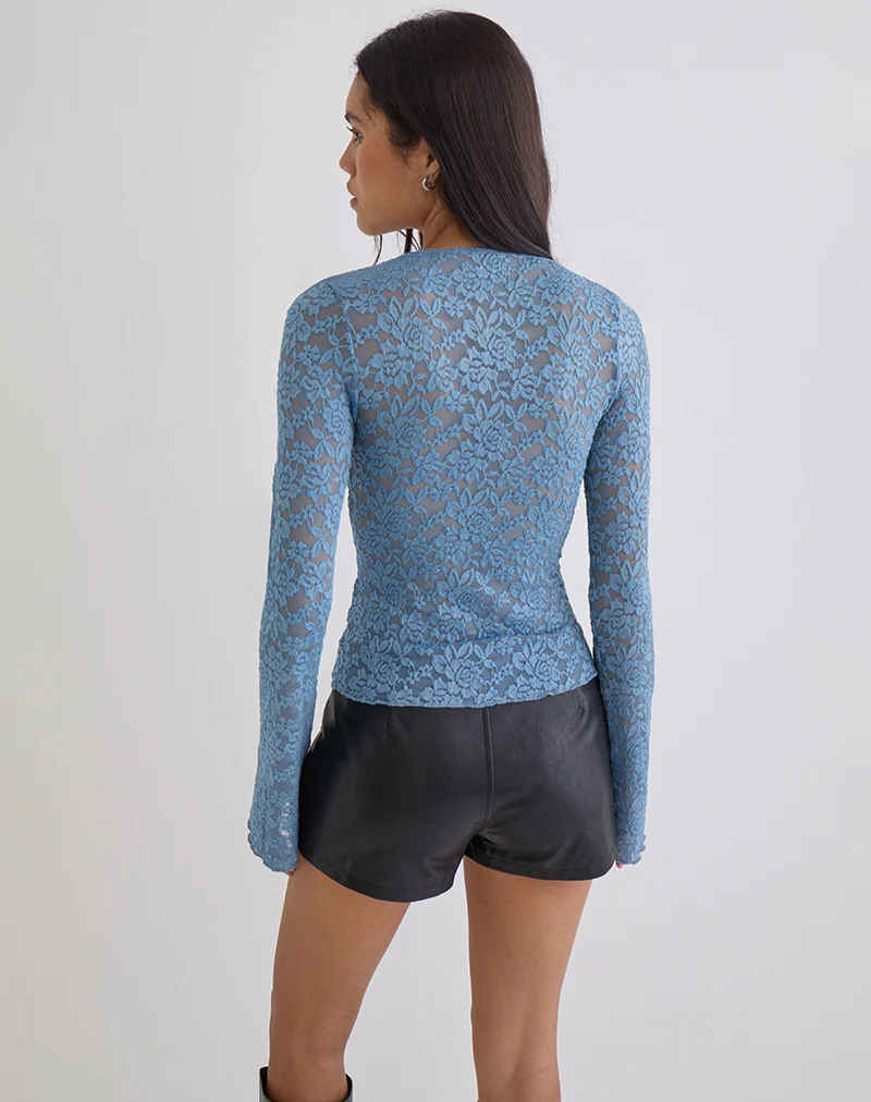 Mahota Deep Plunge Long Sleeve Top in Dark Blue Lace - Image 6
