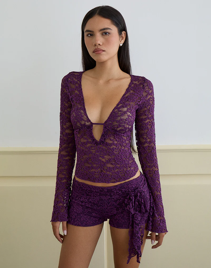 Mahota Deep Plunge Long Sleeve Top in Lace Purple - Image 4