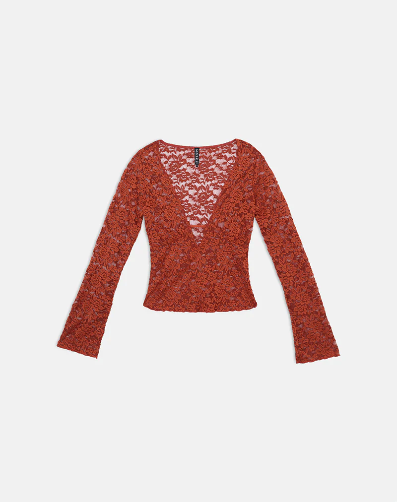 Mahota Deep Plunge Long Sleeve Top in Lace Mesh Brick - Image 5