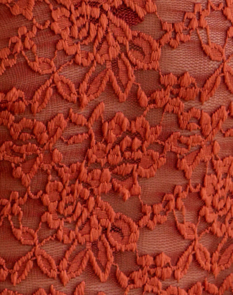Mahota Deep Plunge Long Sleeve Top in Lace Mesh Brick - Image 6