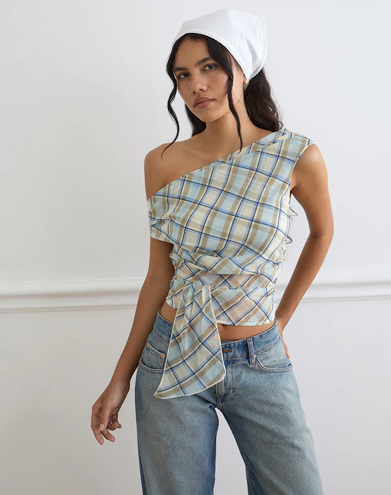 Maida Top in Chiffon Vintage Blue Check - Image 3