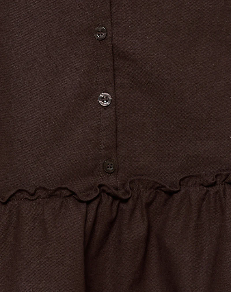 Mailina Linen Button Up Mini Dress in Chocolate Brown - Image 6