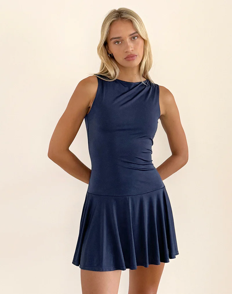 Maisha Open Back Bow Mini Dress in Slinky Navy - Image 2