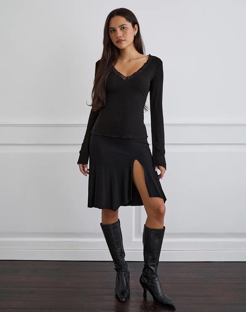 Maivi Long Sleeve Top in Black with Lace Trim - Image 2