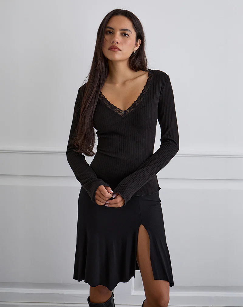 Maivi Long Sleeve Top in Black with Lace Trim - Image 4
