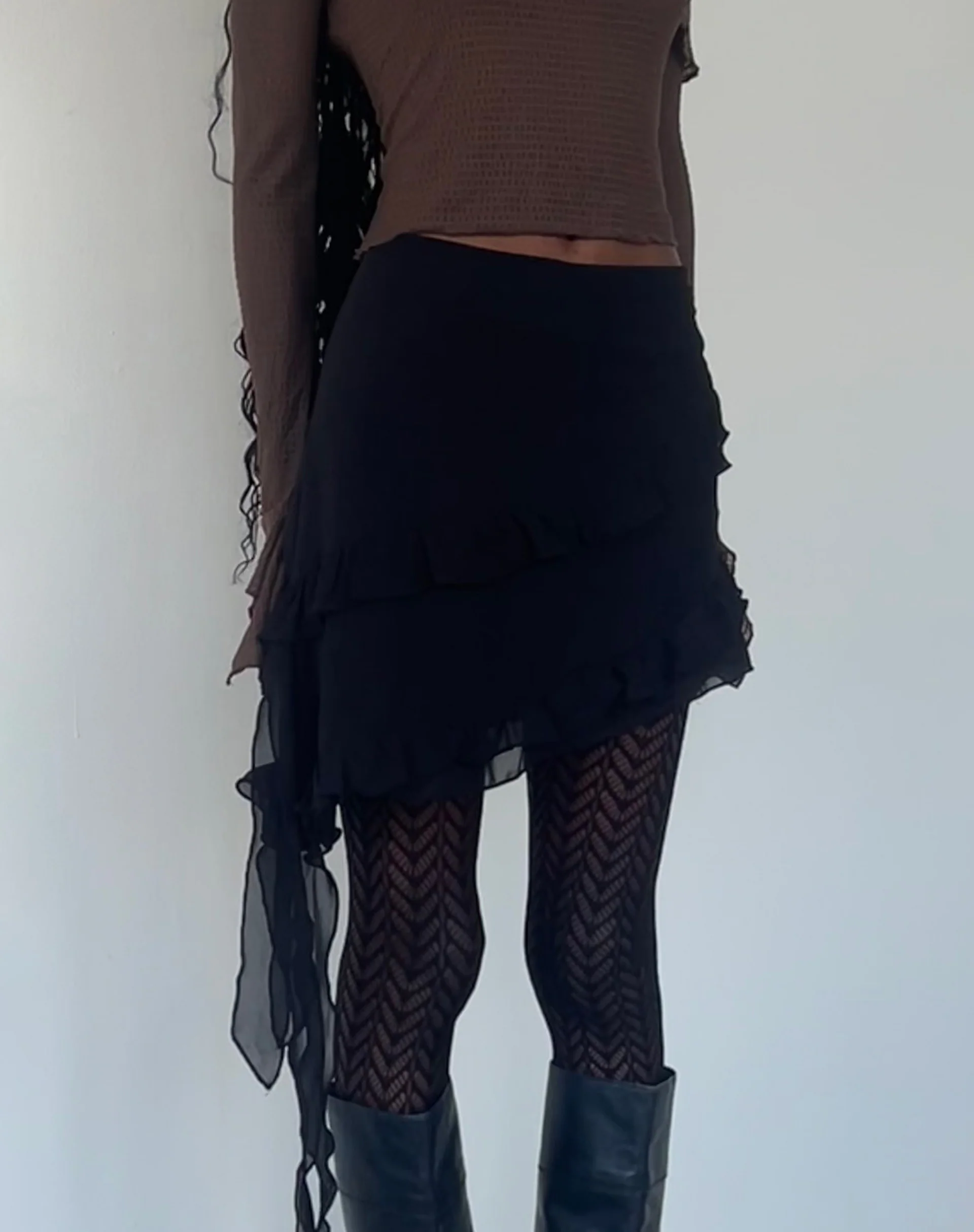 Malinna Ruffle Mini Skirt in Black Chiffon - Image 5