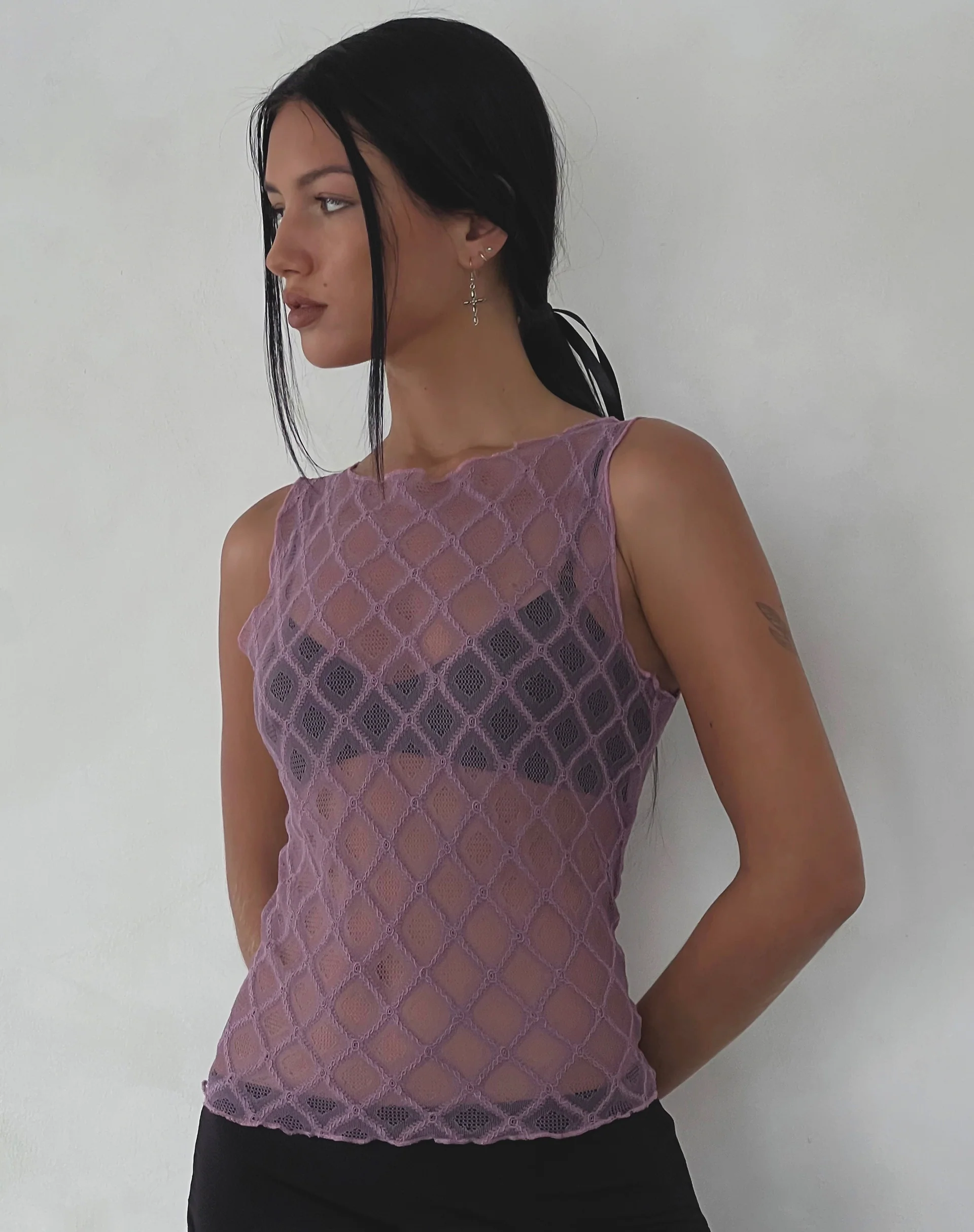 Maloe Lace Patterned Tank Top in Mauve - Image 3