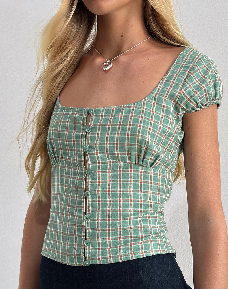 Malsa Scoop Button Blouse in Teal Check - Image 3