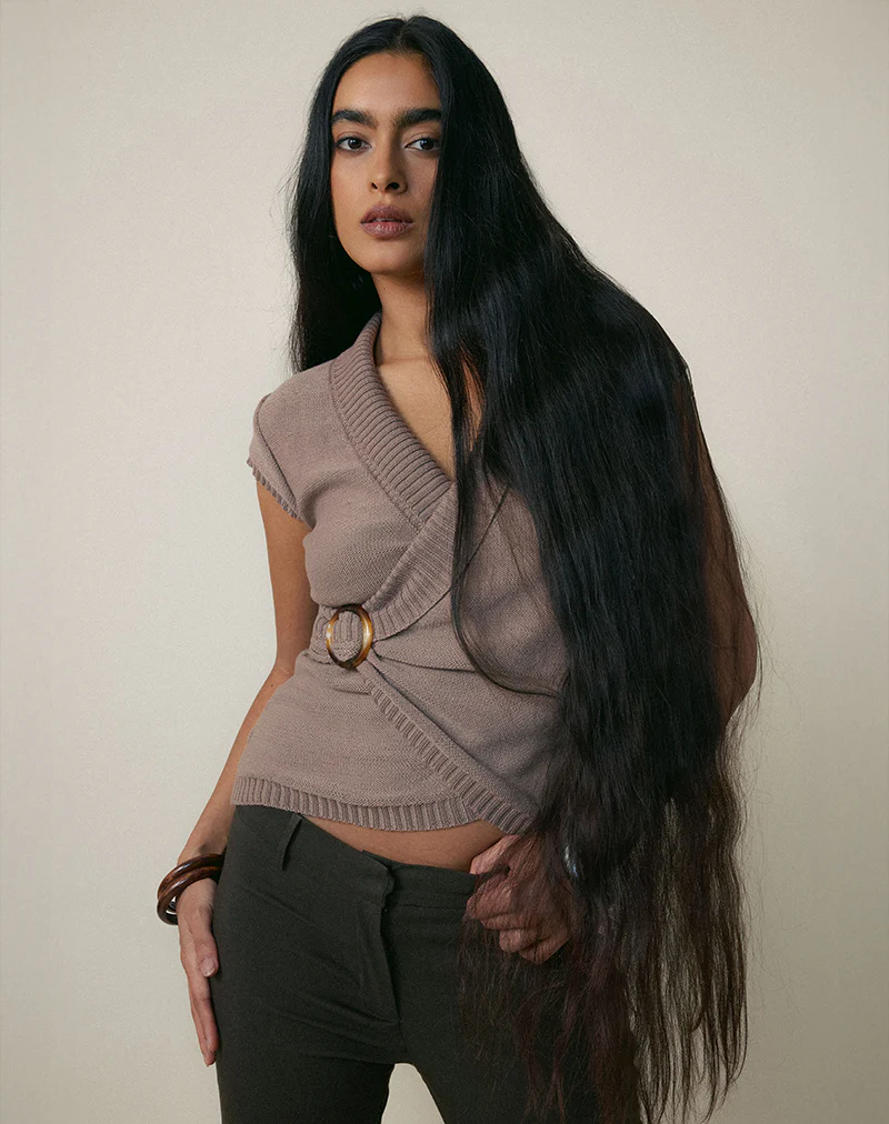 Malya Top with Buckle in Knit Taupe - Image 3