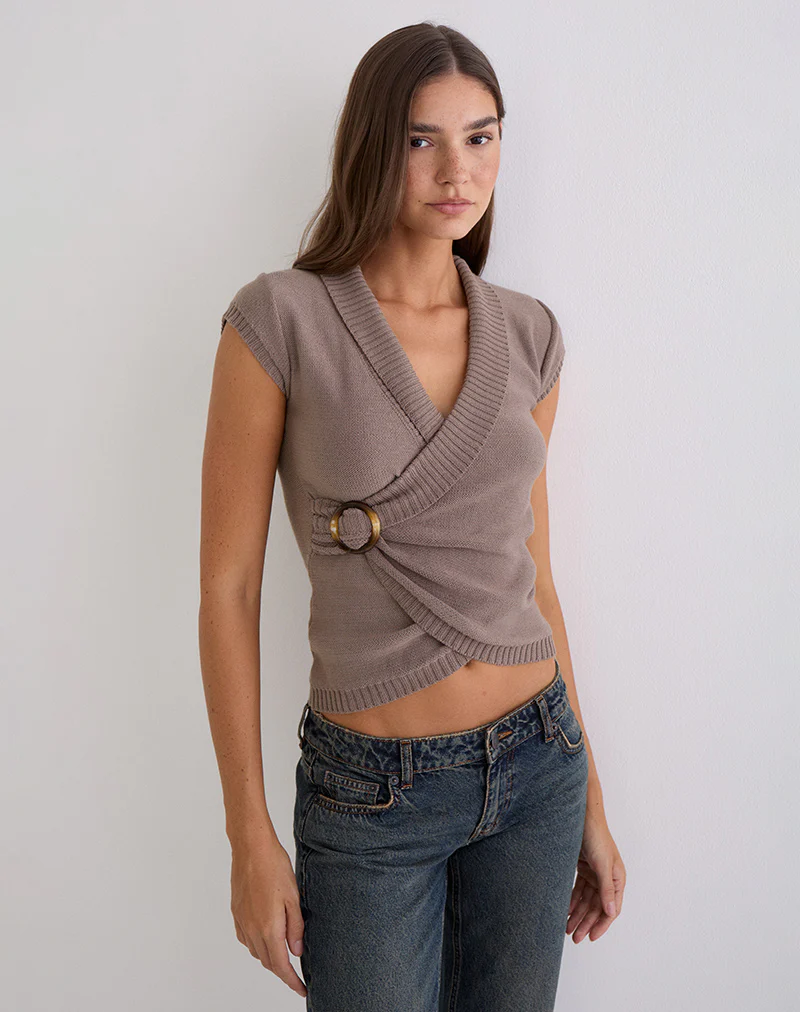 Malya Top with Buckle in Knit Taupe - Image 4