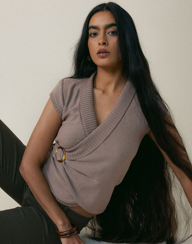 Malya Top with Buckle in Knit Taupe - Image 5