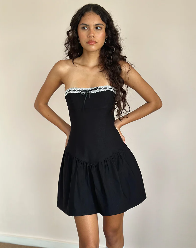 Manisha Mini Dress in Black with White Trim - Image 5