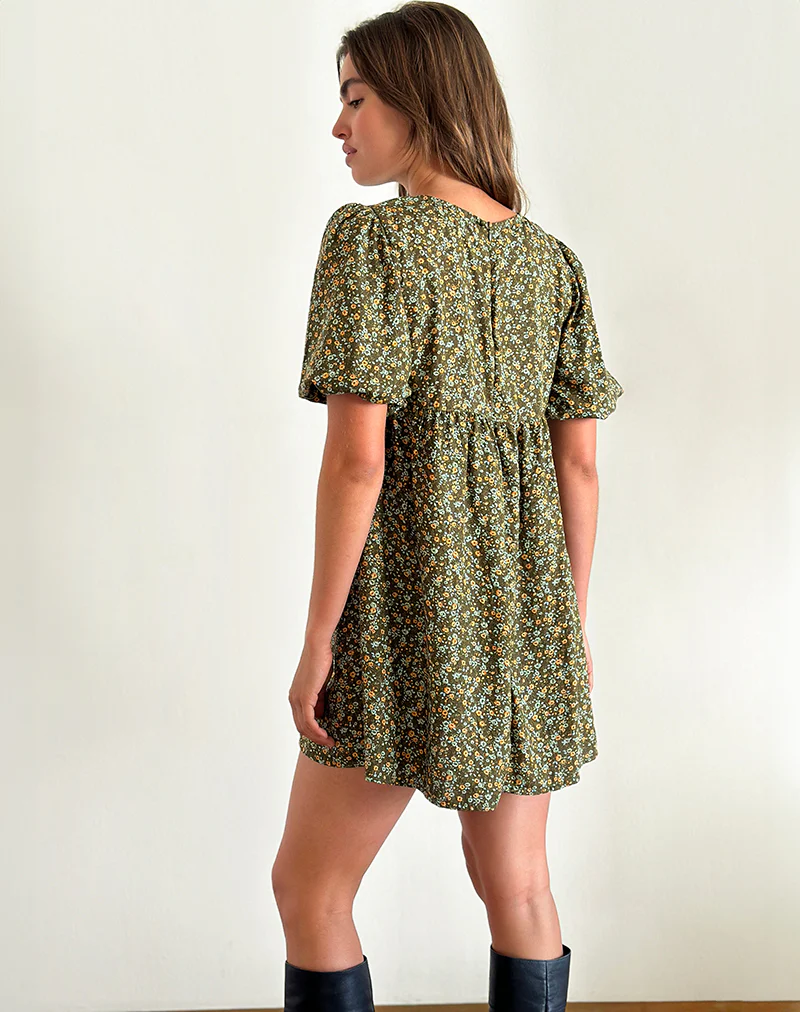 Marate Puff Sleeve Mini Dress in Grunge Floral Khaki - Image 5