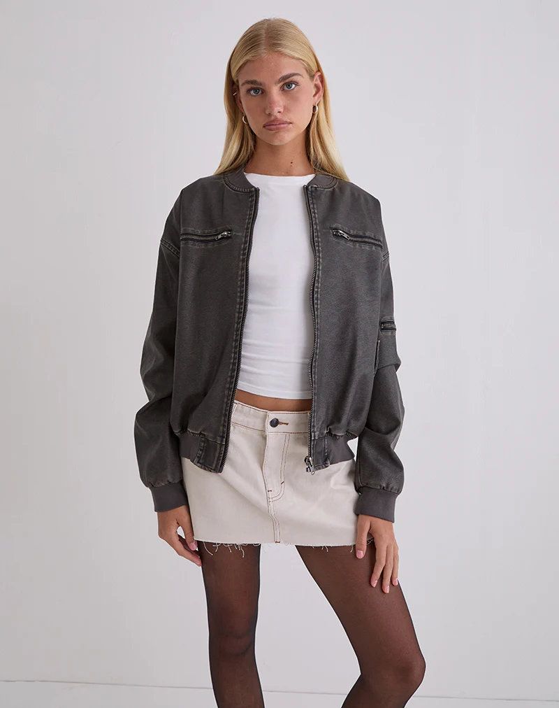 Marco Distressed Bomber Jacket in PU Charcoal - Image 2