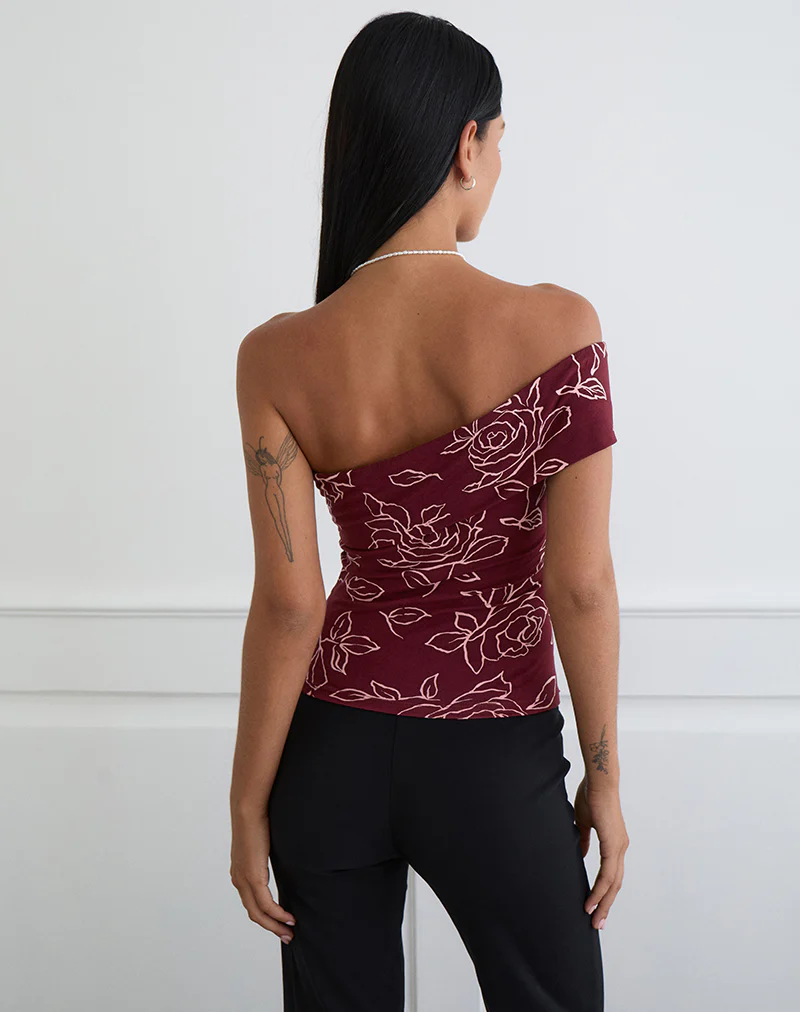 Marga One Shoulder Top in Outline Rose Maroon - Image 3