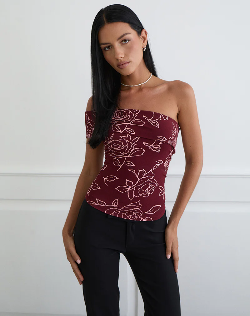Marga One Shoulder Top in Outline Rose Maroon - Image 5