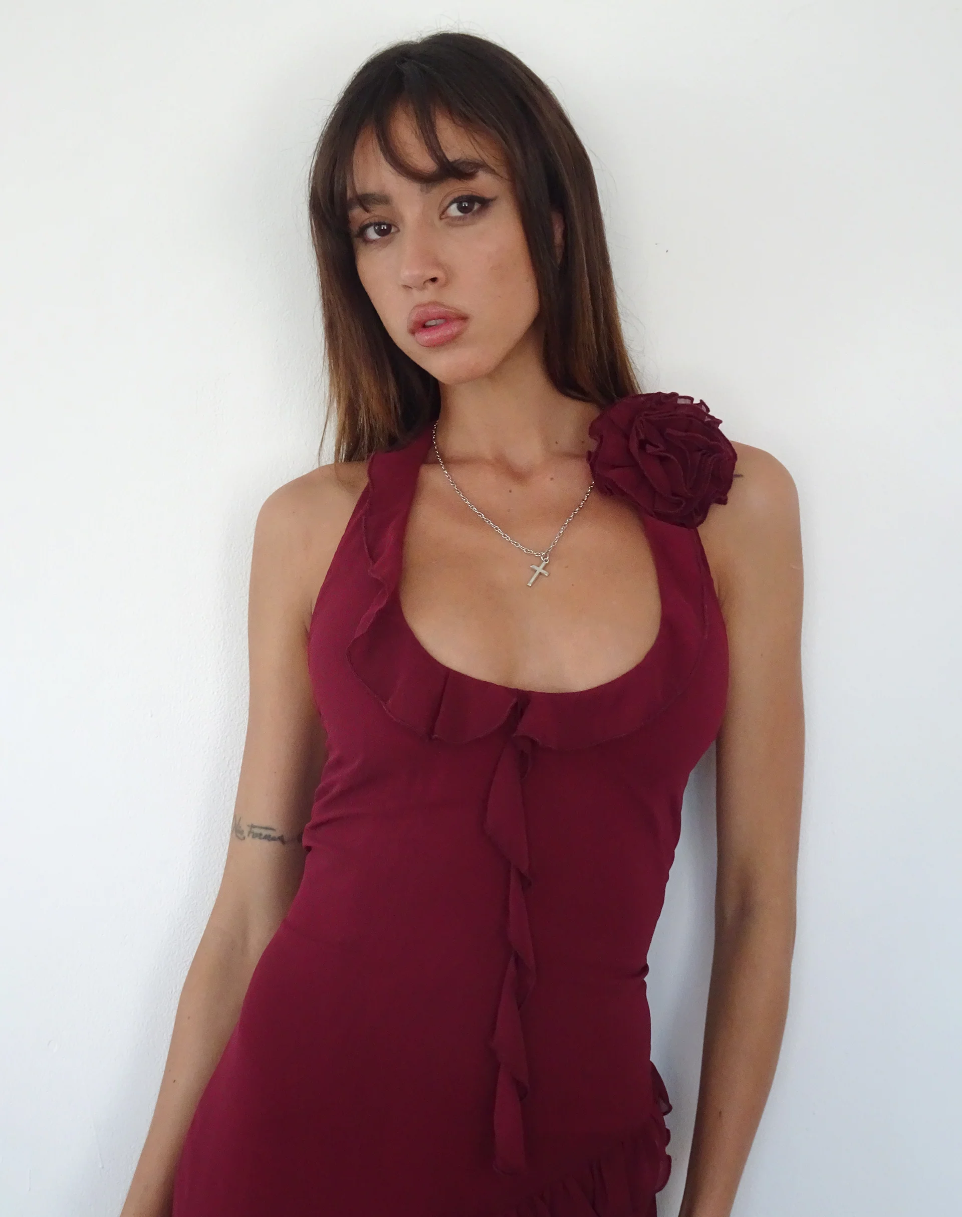 Margaret Ruffle Mini Dress in Plum Chiffon with Rosette - Image 4