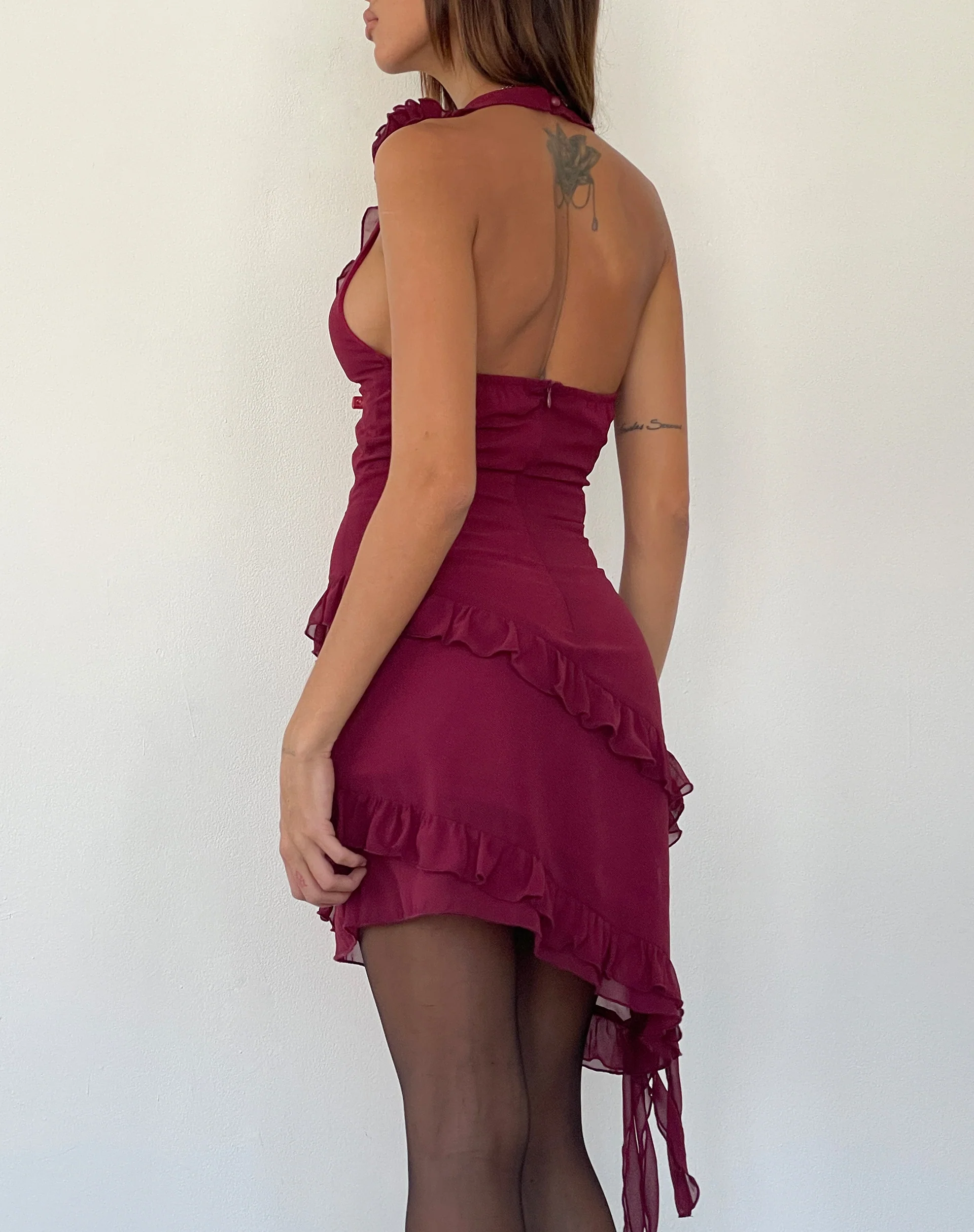 Margaret Ruffle Mini Dress in Plum Chiffon with Rosette - Image 5
