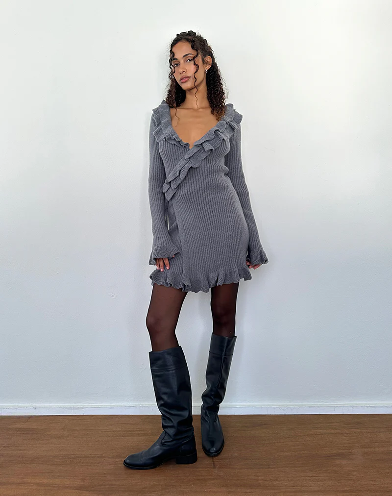 Marianna Long Sleeve Knitted Mini Dress in Dark Grey - Image 5