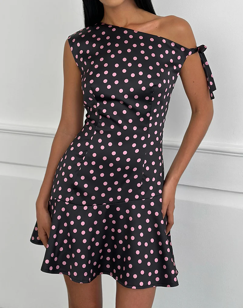 Maribel Mini Dress in Black Satin Scattered with Pink Polka - Image 3