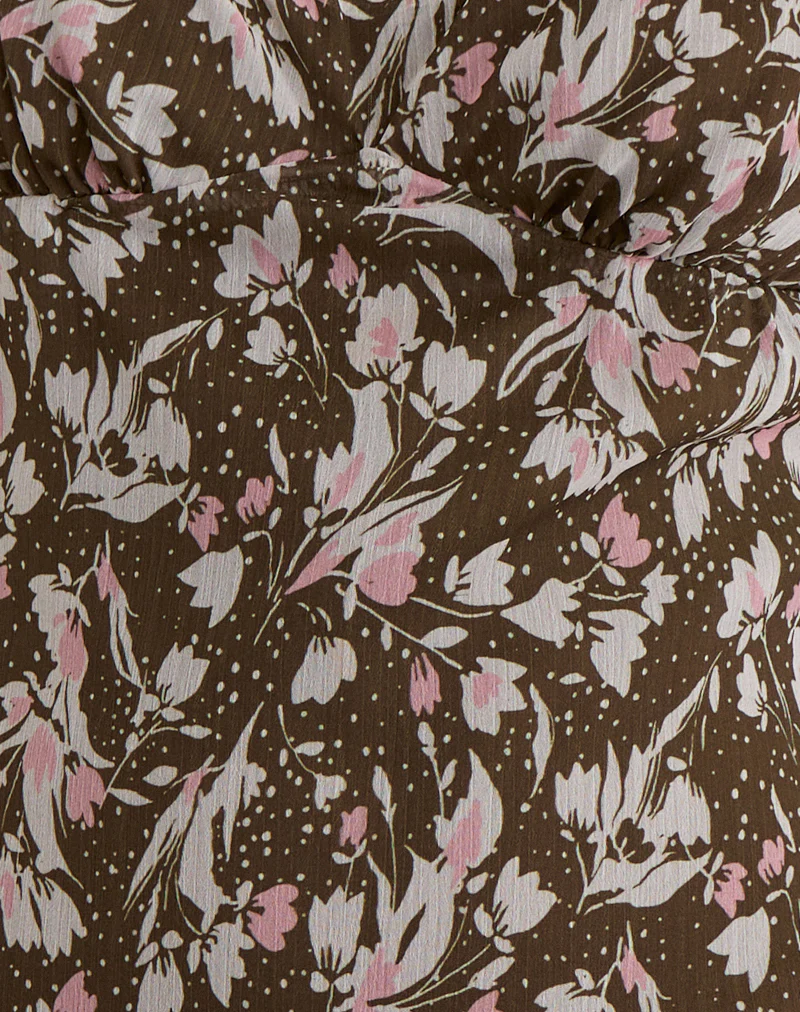 Mariko Dress in Brown and Pink Polka Flower Chiffon - Image 5