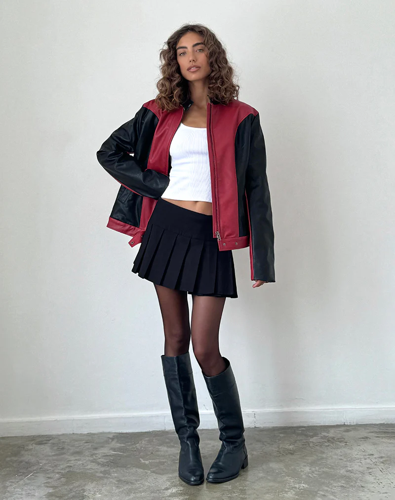 Marion PU Biker Jacket in Red with Black Panels - Image 2