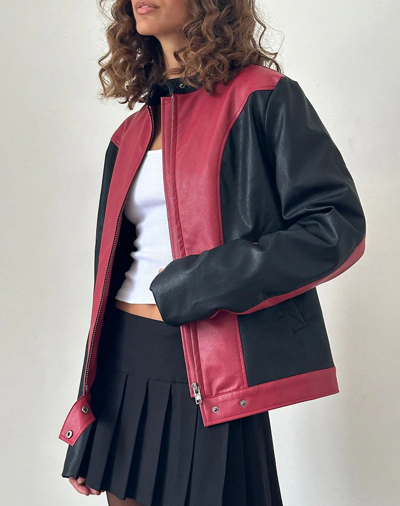Marion PU Biker Jacket in Red with Black Panels - Image 3