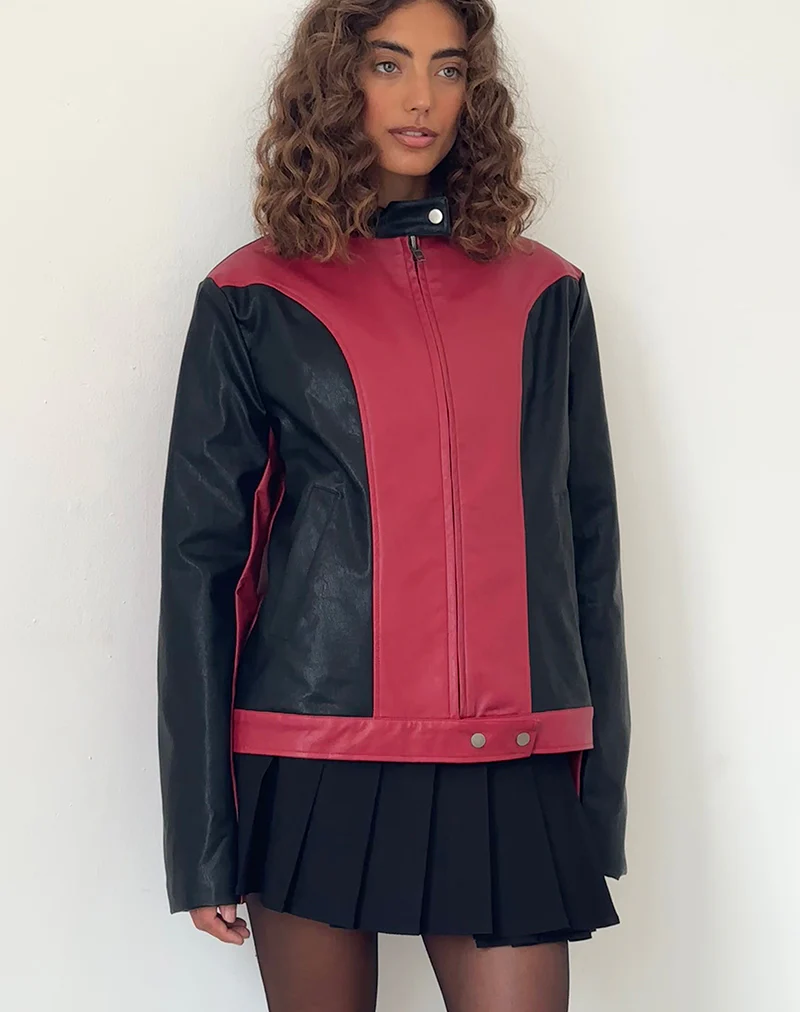 Marion PU Biker Jacket in Red with Black Panels - Image 4