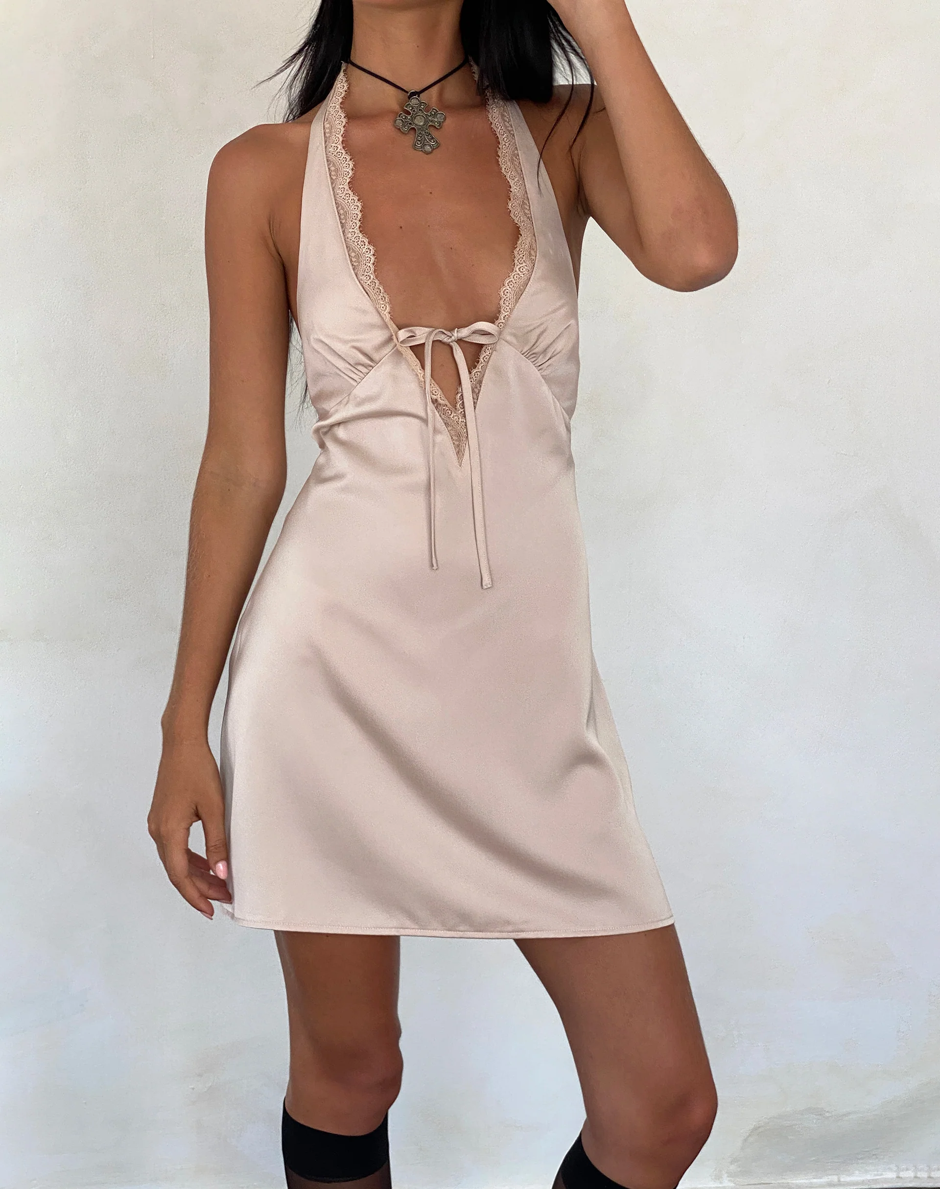 Maruko Halterneck Mini Dress in Satin Champagne - Image 2