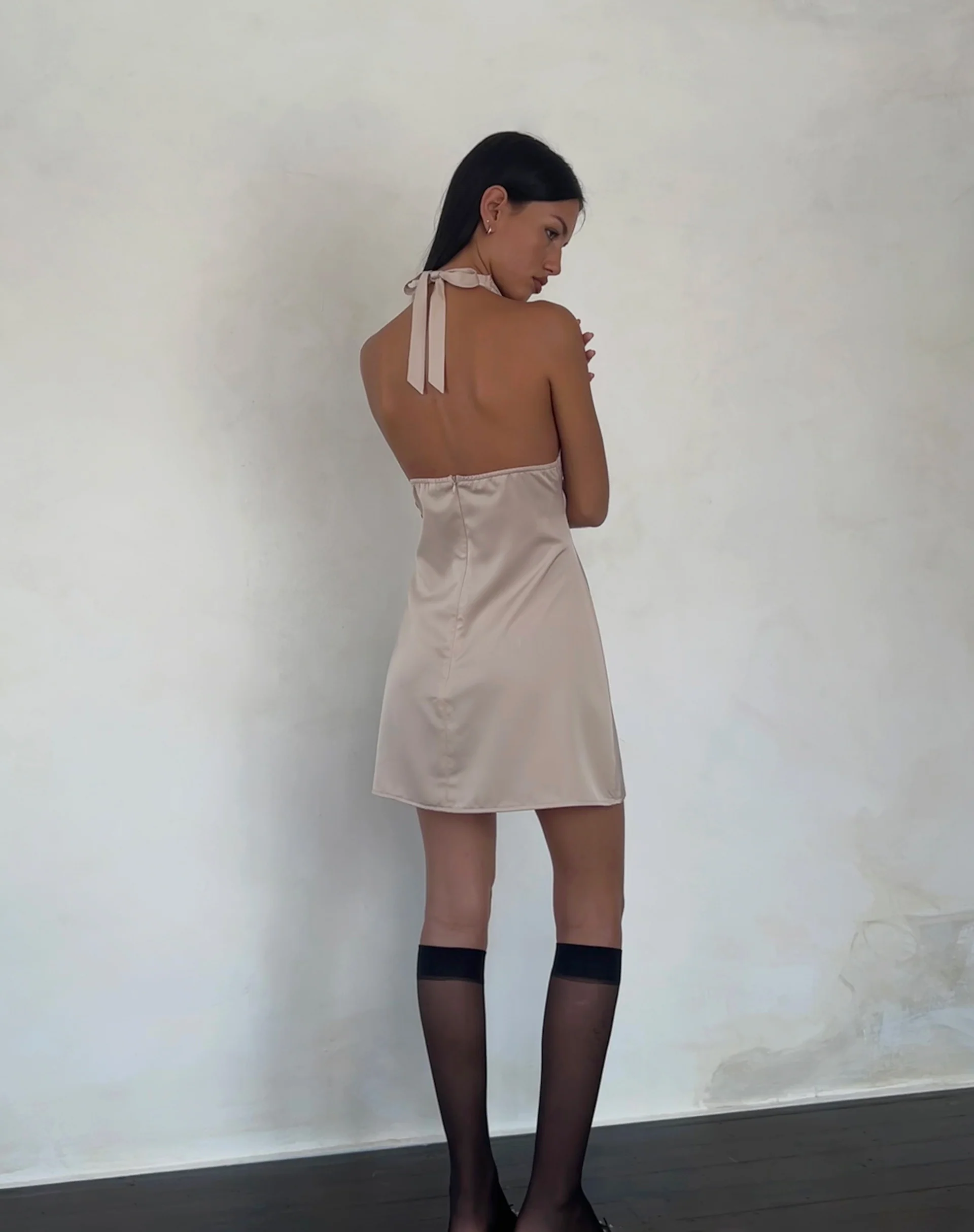 Maruko Halterneck Mini Dress in Satin Champagne - Image 5
