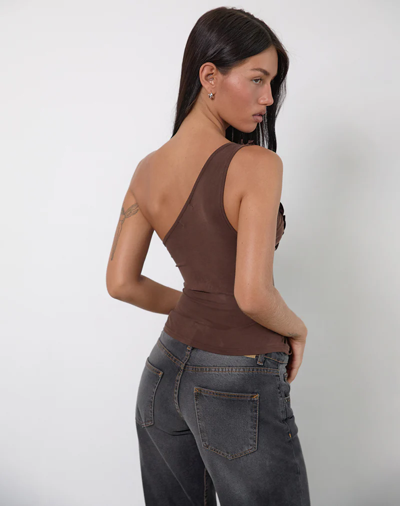 Marvela Ruched One Shoulder Top in Bitter Chocolate Brown - Image 3