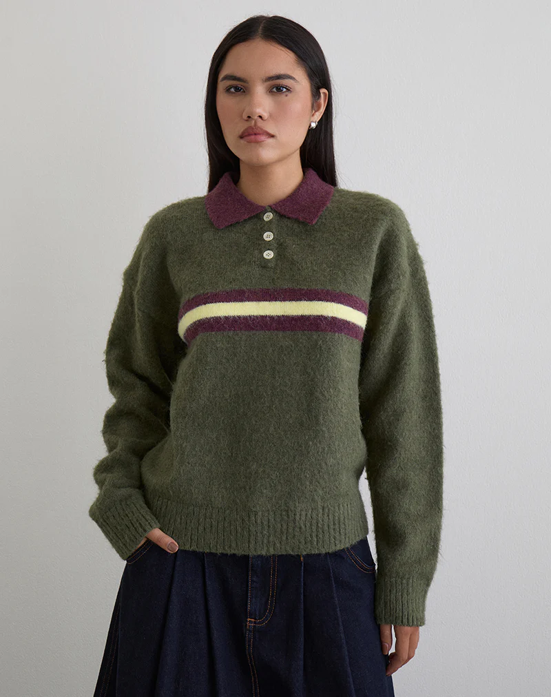 Marvina Jumper in Knit Green with Yellow Stripe - Image 4
