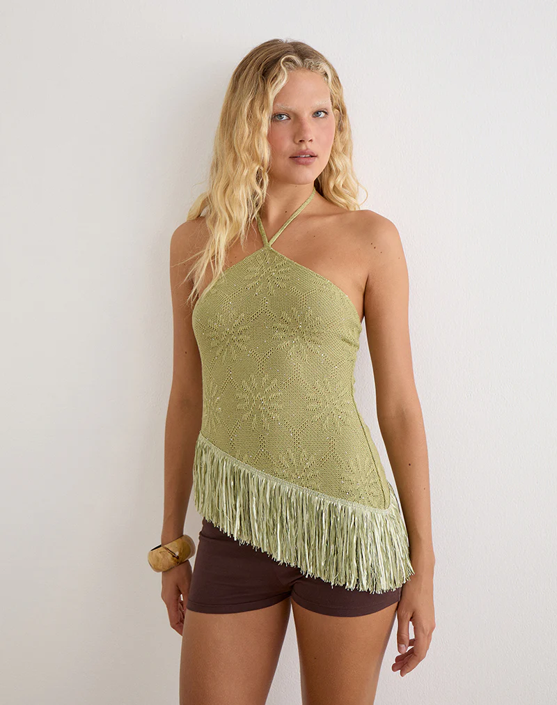 Masina Top With Fringe Hem in Sequin Knit Green - Image 2