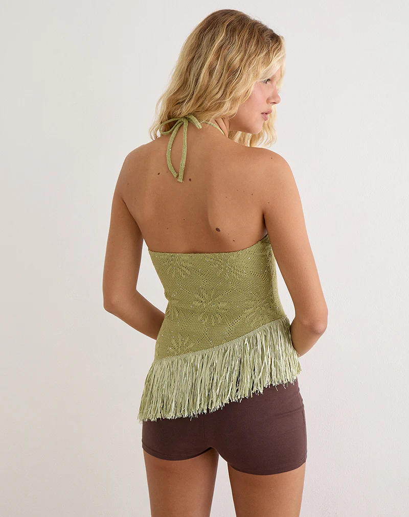 Masina Top With Fringe Hem in Sequin Knit Green - Image 5