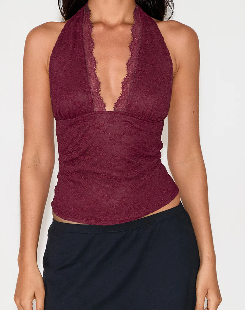Matua Halter Top in Clover Lace Maroon - Image 4
