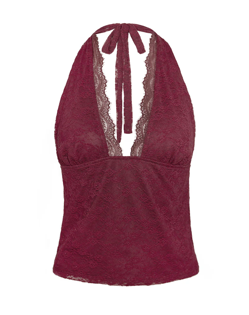 Matua Halter Top in Clover Lace Maroon - Image 5