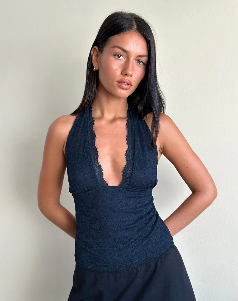 Matua Halter Top in Clover Lace Navy - Image 2