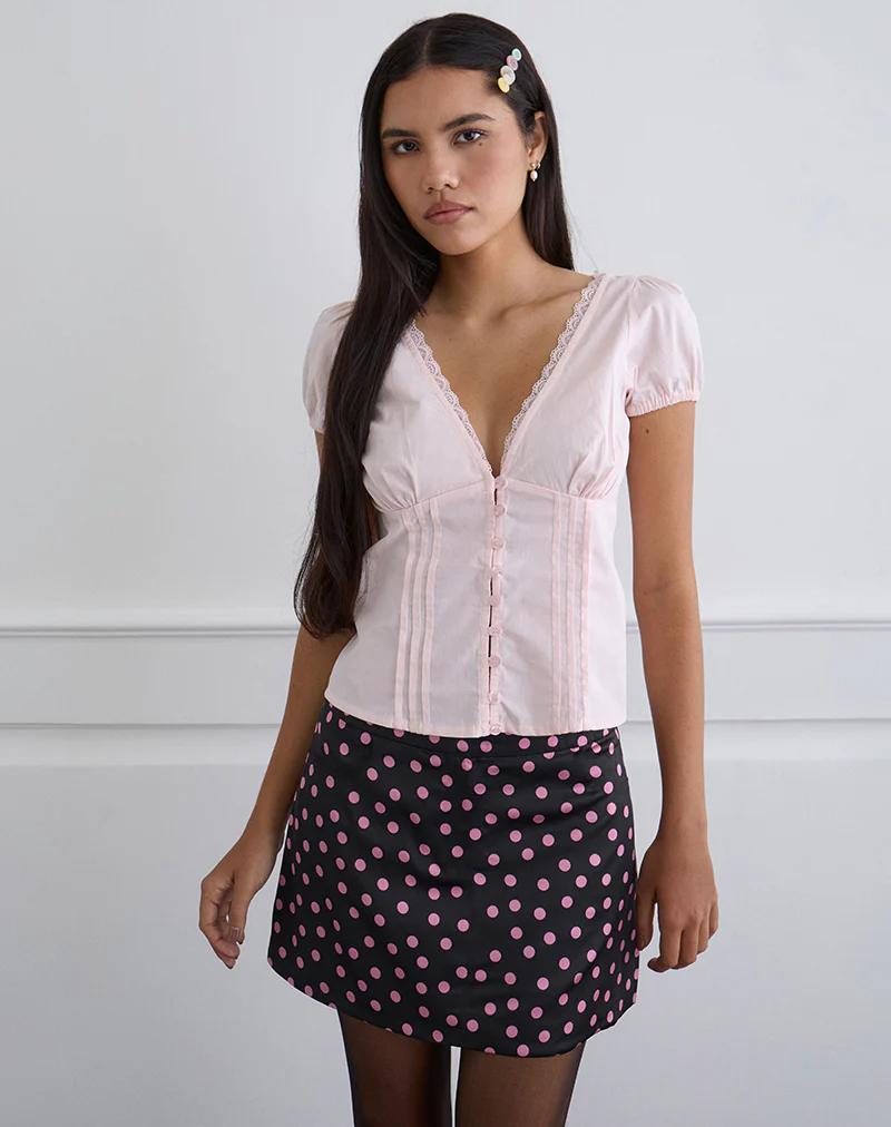 Maula Mini Skirt in Black Satin Scattered with Pink Polka - Image 2