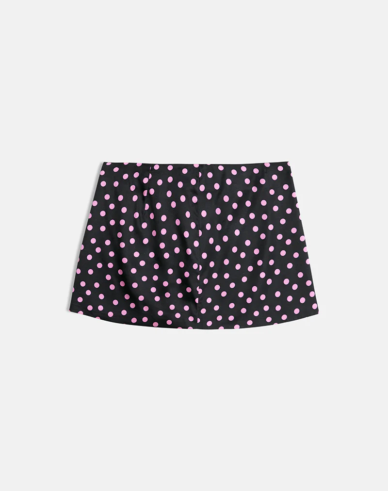 Maula Mini Skirt in Black Satin Scattered with Pink Polka - Image 4