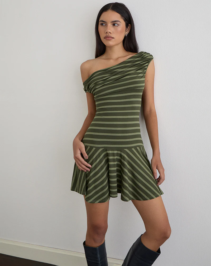 Mausari Mini Dress in Wide Stripe Green - Image 2