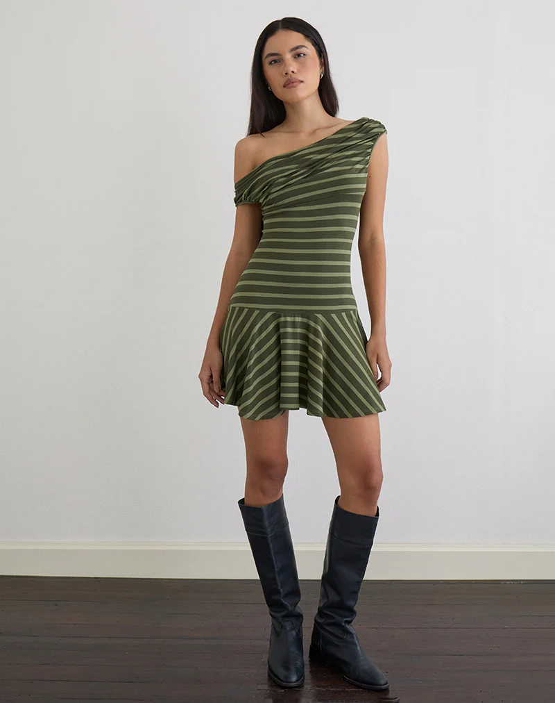 Mausari Mini Dress in Wide Stripe Green - Image 3