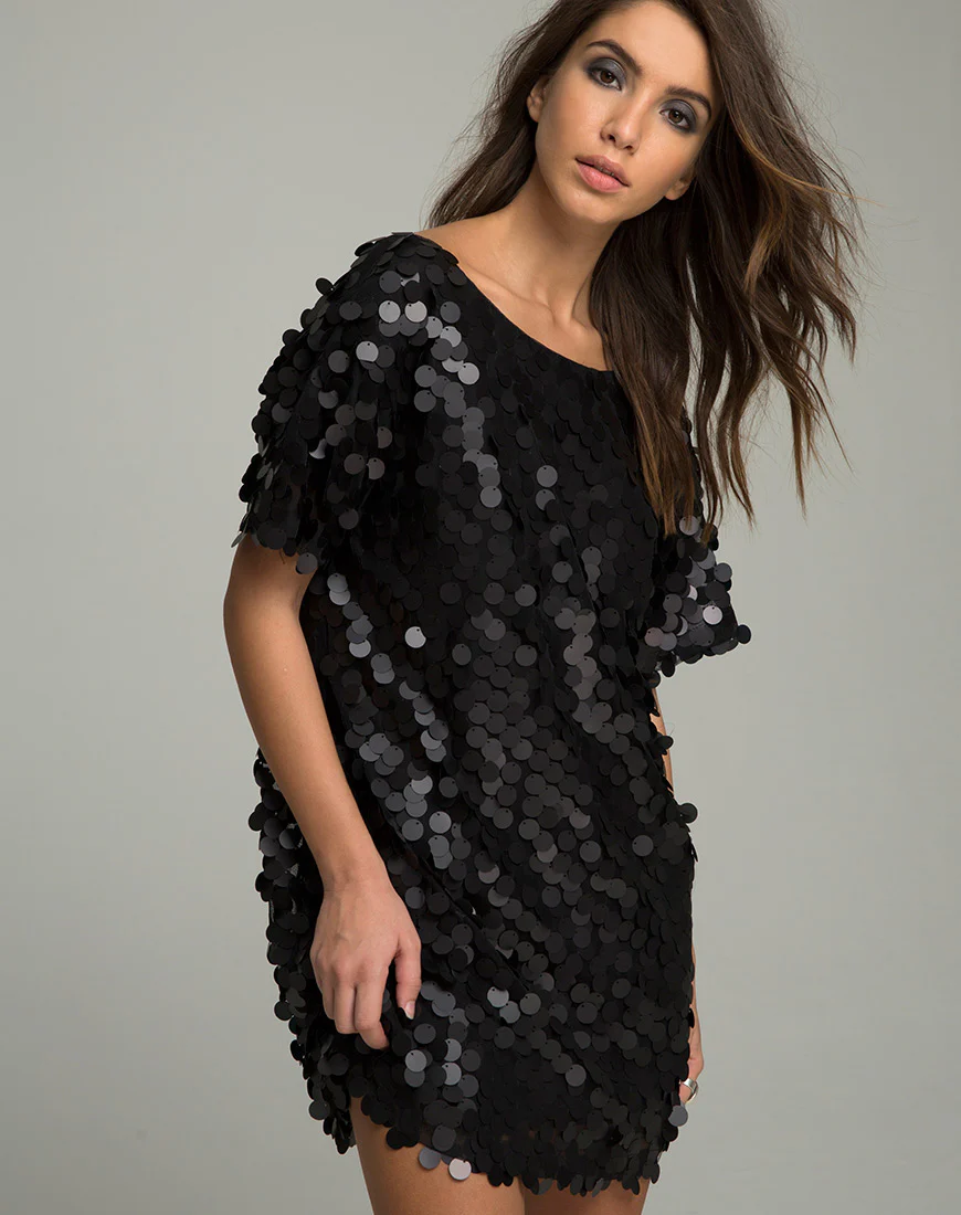Mausi T Shirt Dress in Disc Sequin Matte Black - Image 2