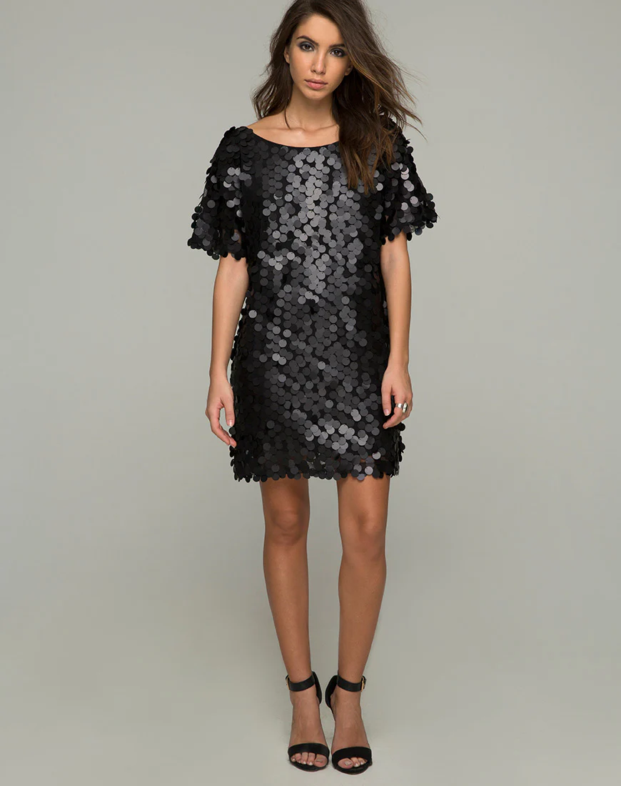 Mausi T Shirt Dress in Disc Sequin Matte Black - Image 3