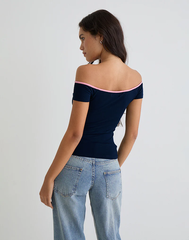 Mayomi Off the Shoulder Top in Navy with Pink Binding - Image 4