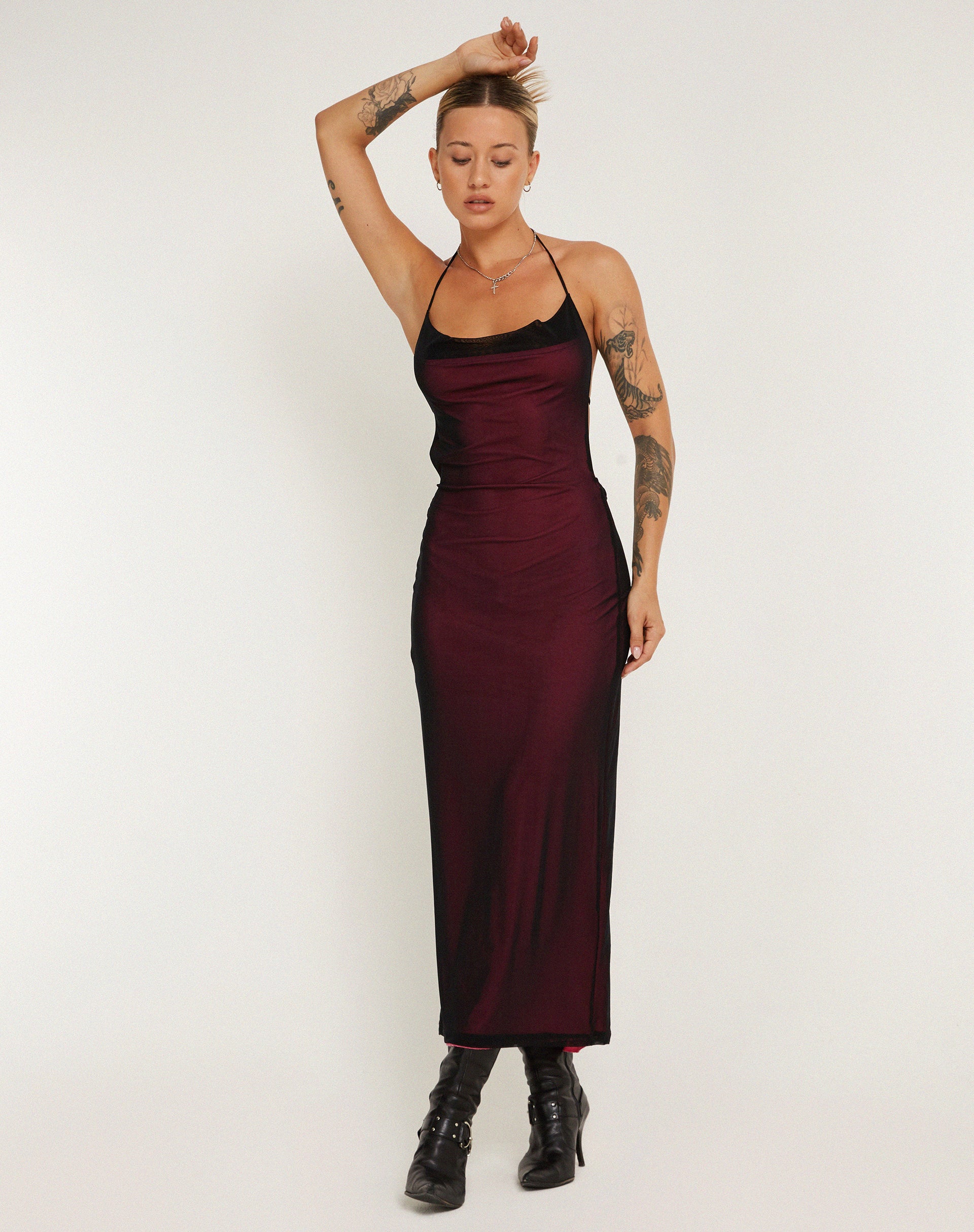 Mayra Maxi Dress in Black with Magenta Lining - Image 2